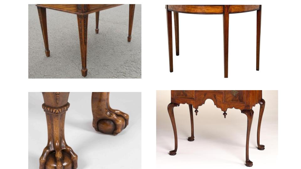 How to Identify Georgian Furniture (1714-1830) - cabriole legs, which curve outward and then inward, ending in an ornamental foot. Other leg styles include straight, tapered, and ball-and-claw feet. 
