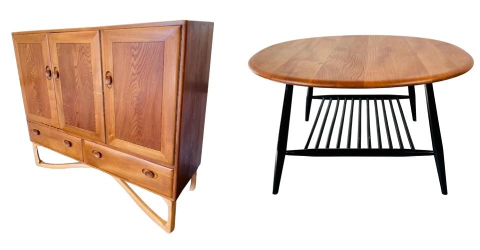 How to recognize Ercol furniture - Large oval coffee table by LUCIAN ERCOLANI for ERCOL, United Kingdom 1970 & Rare Ercol Tall Sideboard / Drinks Cabinet, English, by Lucian Ercolani, 1960s