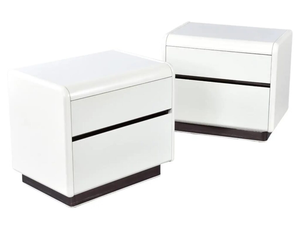 Top 1980s Furniture Brands - Pair of Post Modern White and Gun Metal Grey Chrome Nightstands by Lane