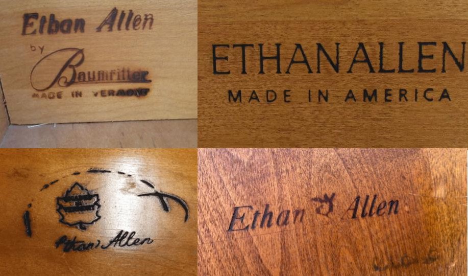 This collage of wooden signs shows the logos of different Ethan Allen furniture lines, including Early American, Colonial Revival, and 18th Century Reproductions. The signs also include the phrases "Made in America" and "Ethan Allen." This image is relevant to the keywords "vintage Ethan Allen furniture," "how to identify vintage Ethan Allen furniture," "Ethan Allen history," and "Ethan Allen furniture value."