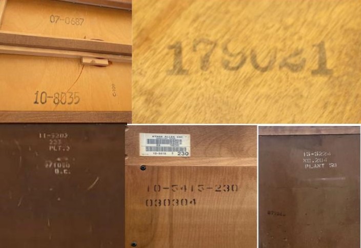 This image shows a collage of wooden boxes with numbers on them. The numbers are likely serial numbers for vintage Ethan Allen furniture. The serial numbers can be used to identify the piece of furniture, the year it was made, and the plant where it was manufactured. This information can be helpful for dating and authenticating vintage Ethan Allen furniture.