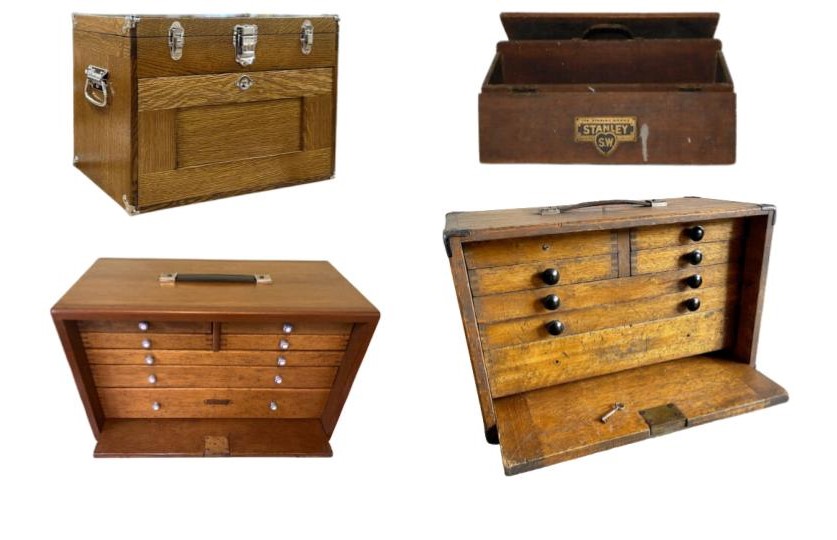 10 Best Vintage Toolbox Brands. Vintage tool chest collection with brands such as Stanley, Moore & Wright, and Craftsman. This image is perfect for anyone interested in vintage tools, tool chests, or woodworking.