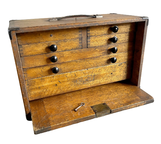 10 Best Vintage Toolbox Brands - Wright.

Vintage Moore & Wright toolbox with seven drawers.
Wooden toolbox with metal handle and Moore & Wright label.
Image of a vintage toolbox labeled "Moore & Wright Vintage Engineers Tool Chest Collectors Cabinet Drawers Contents".
